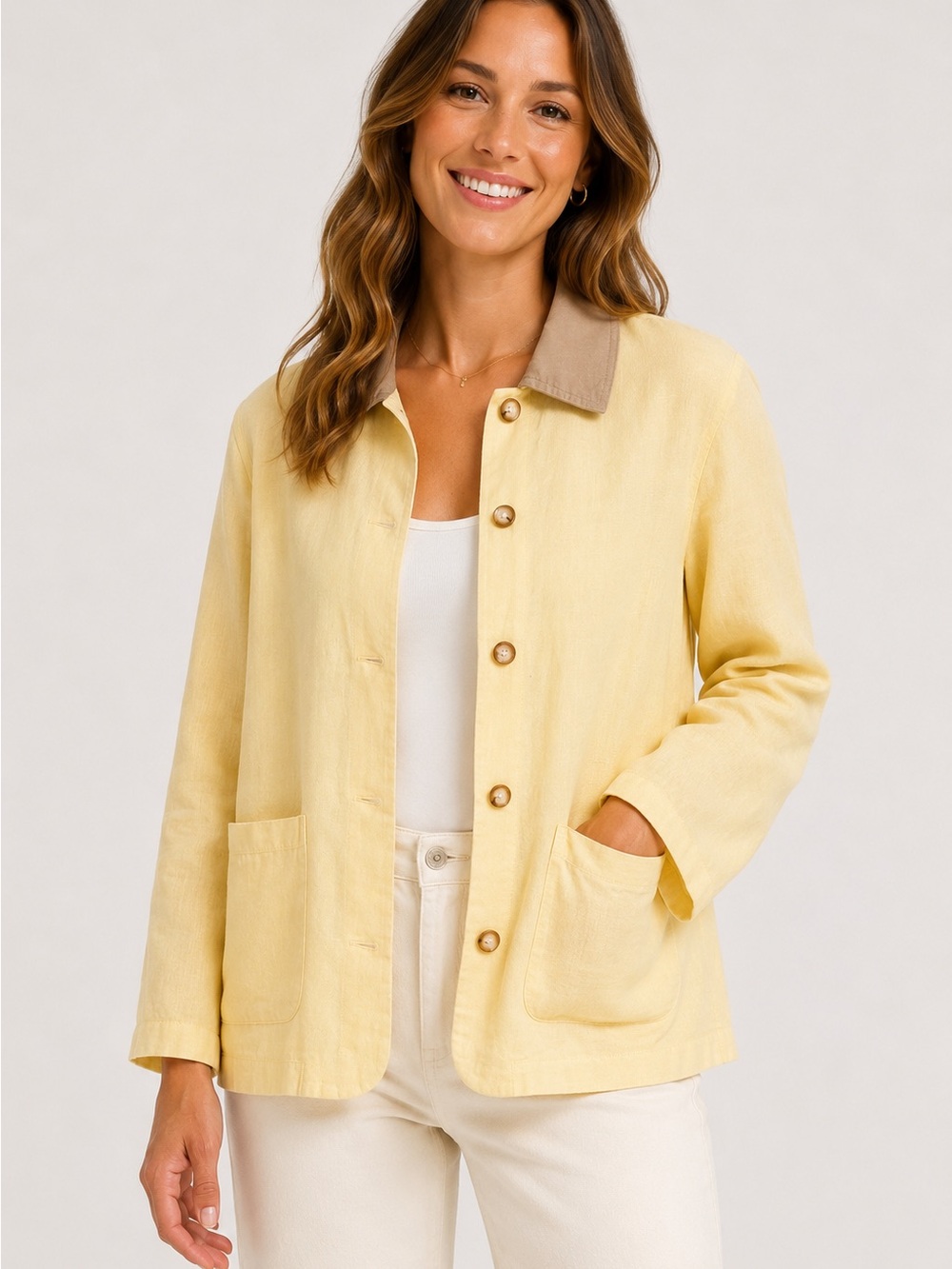 Calypso St. Barth Linen Blend Jacket Butter Yellow Collar Utility Jacket Large